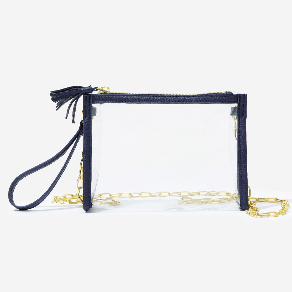 girl with wine personalized clear stadium bag over shoulder