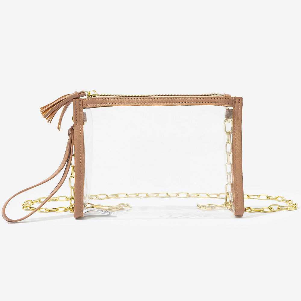 girl with wine personalized clear stadium bag over shoulder