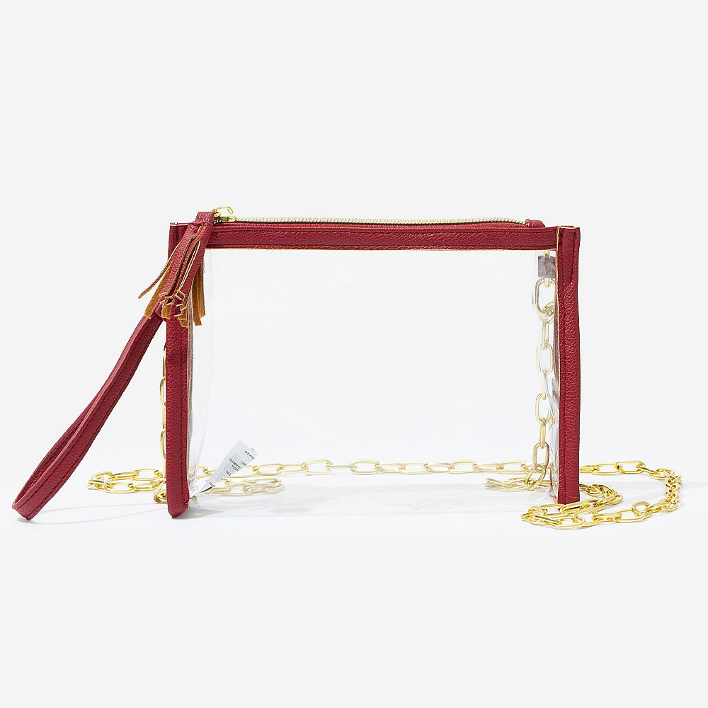 girl with wine personalized clear stadium bag over shoulder