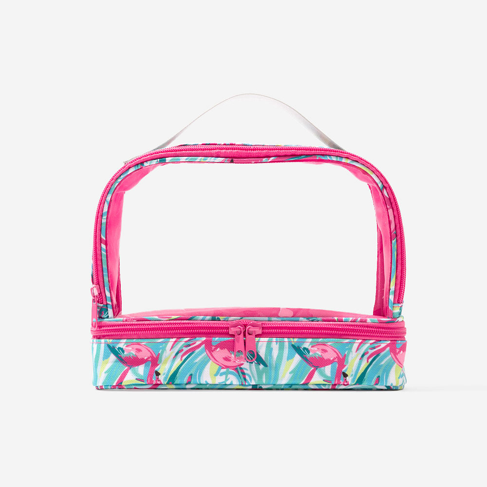 dual compartment cosmetic bag in hand