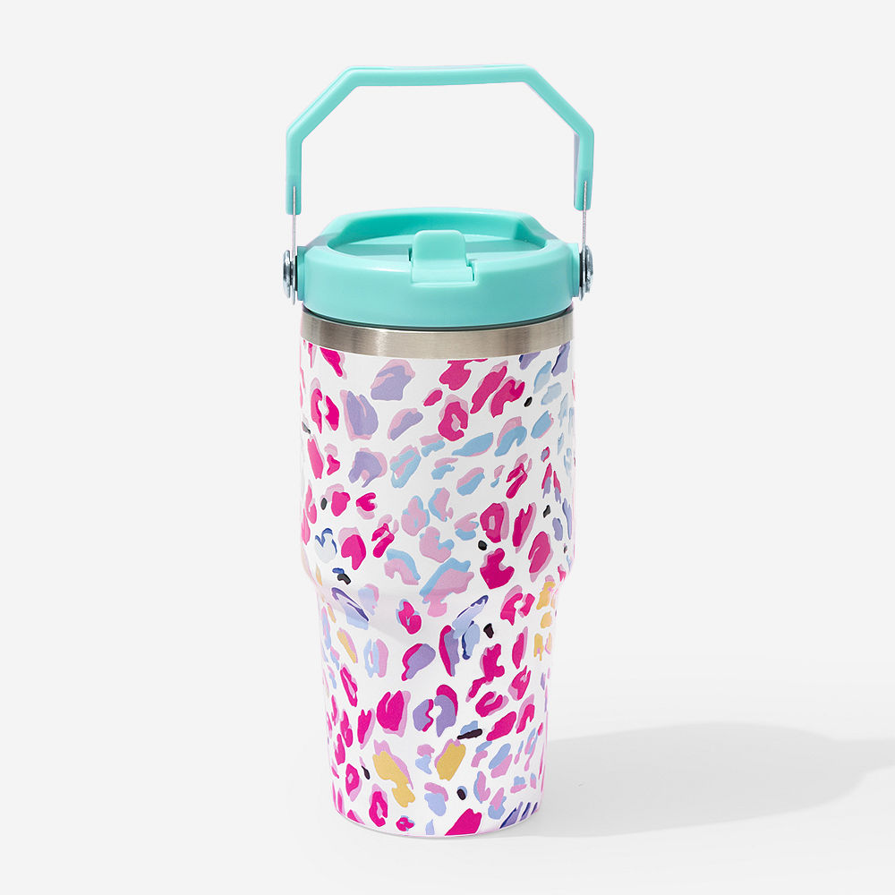 monogrammed wild confetti flip top tumbler with office supplies
