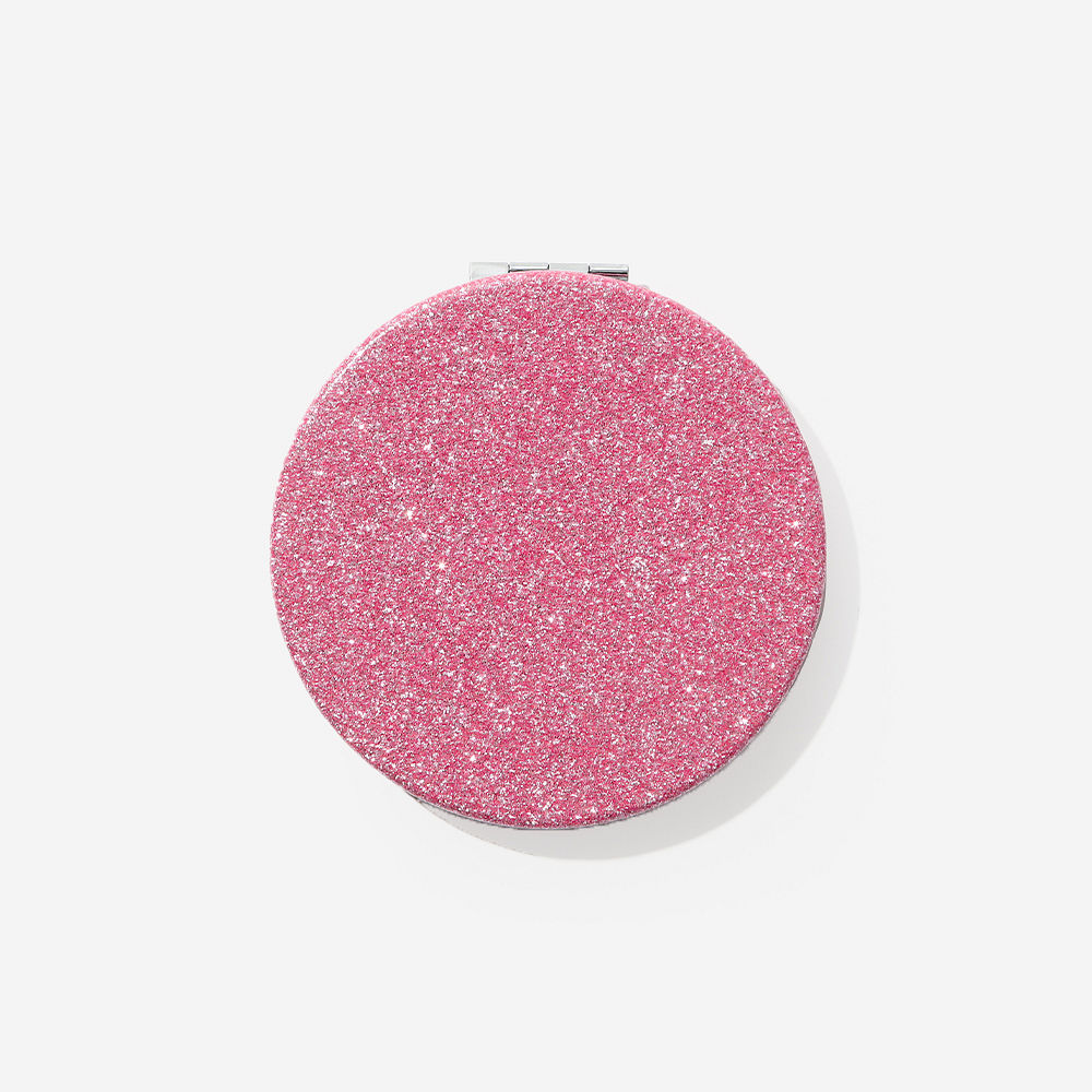 personalized glitter compact mirrors in silver and pink open closed