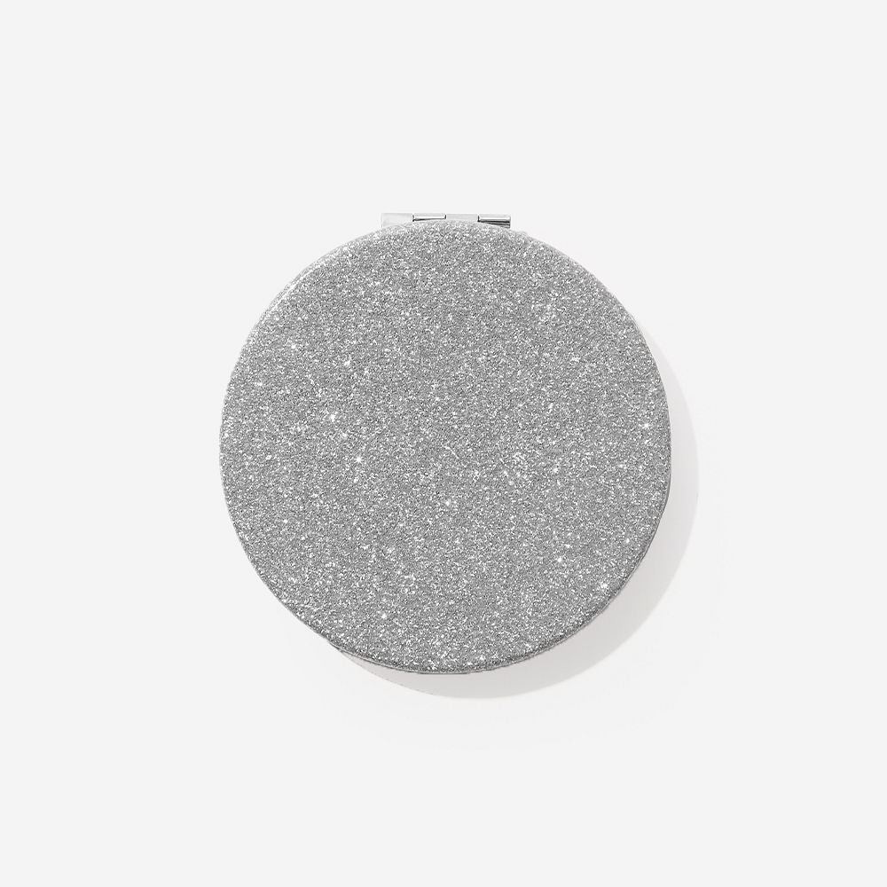 personalized glitter compact mirrors in silver and pink open closed