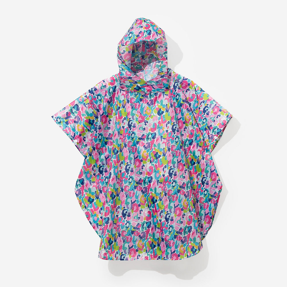 girl wearing monogrammed watercolor cheetah rain poncho with hood