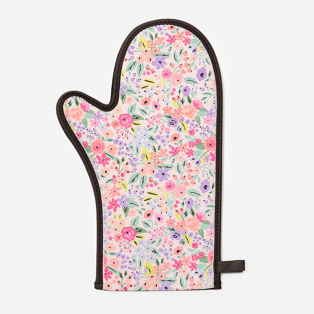 coral floral neoprene oven mitt front and back
