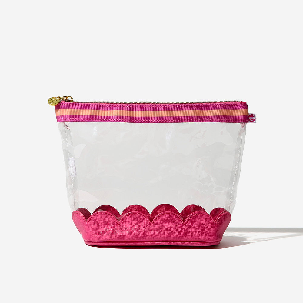 hot pink scalloped cosmetic case with towel