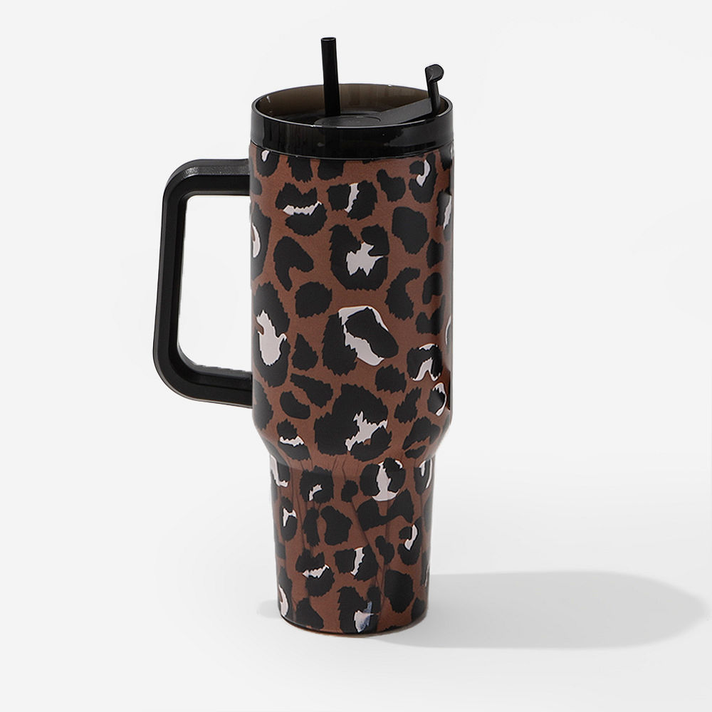personalized travel tumbler in cheetah with plants