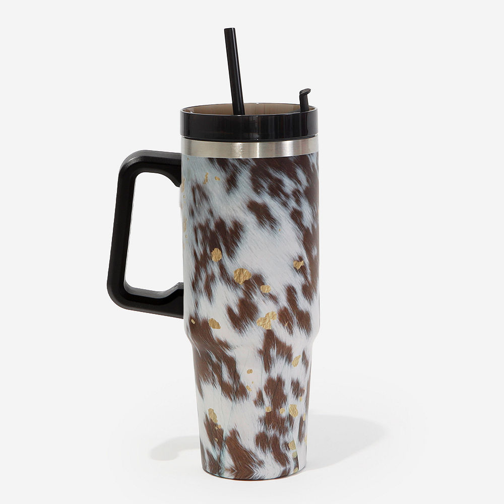 personalized travel tumbler in cheetah with plants