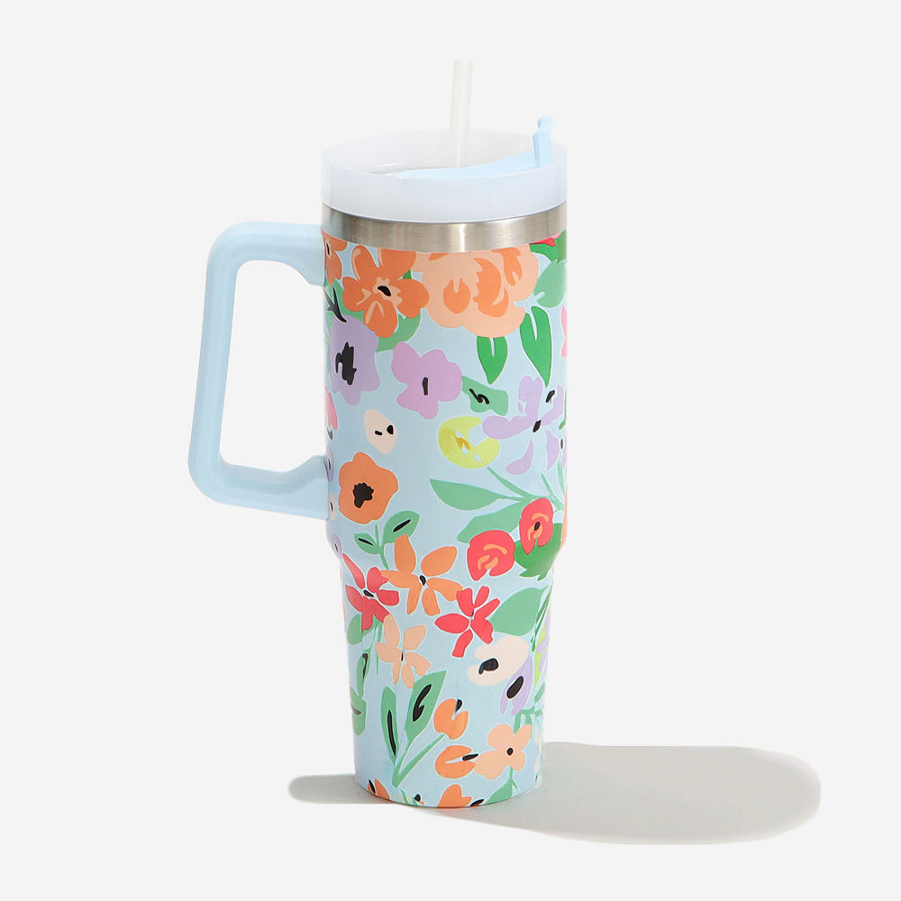 30oz cheetah, coral floral, and purple marble travel tumblers