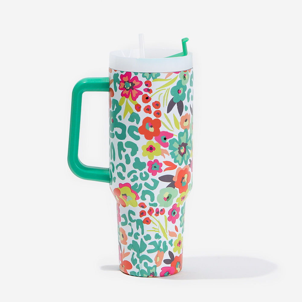 personalized travel tumbler in cheetah with plants