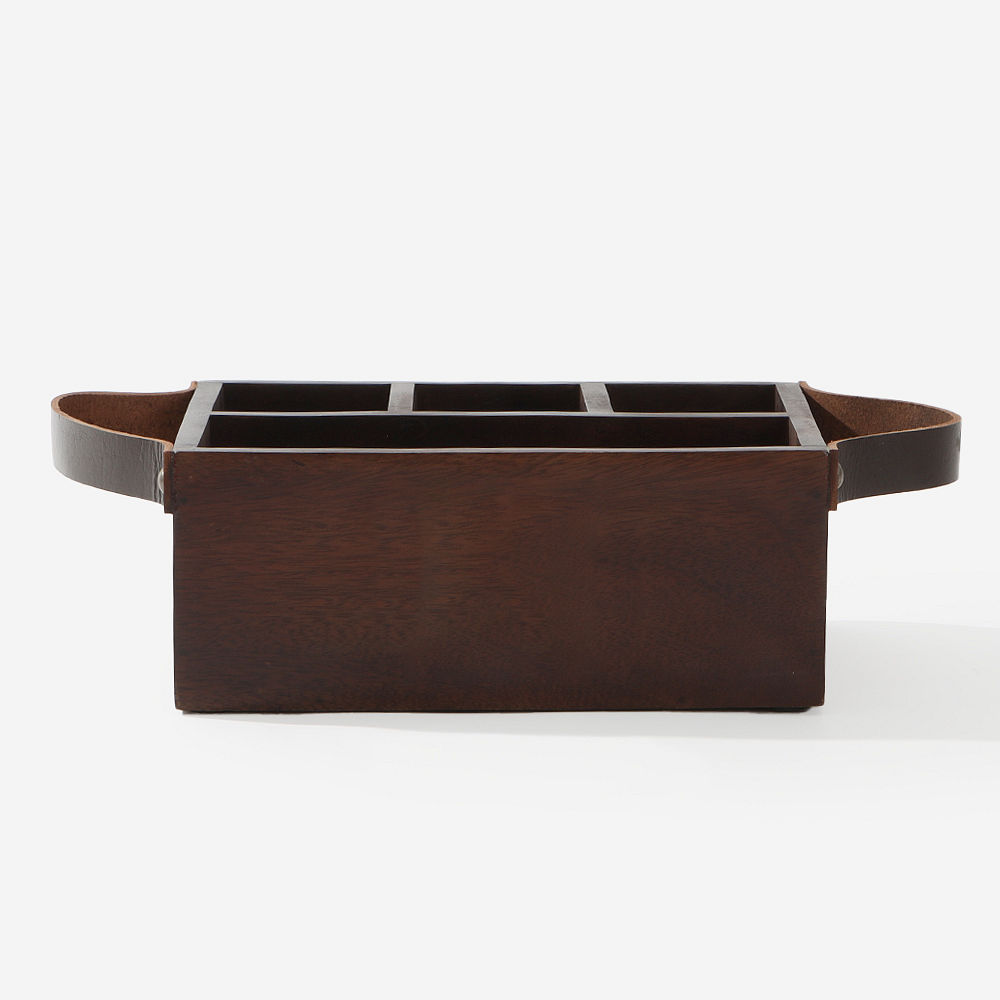 wooden caddy with remotes and sunglasses accessories