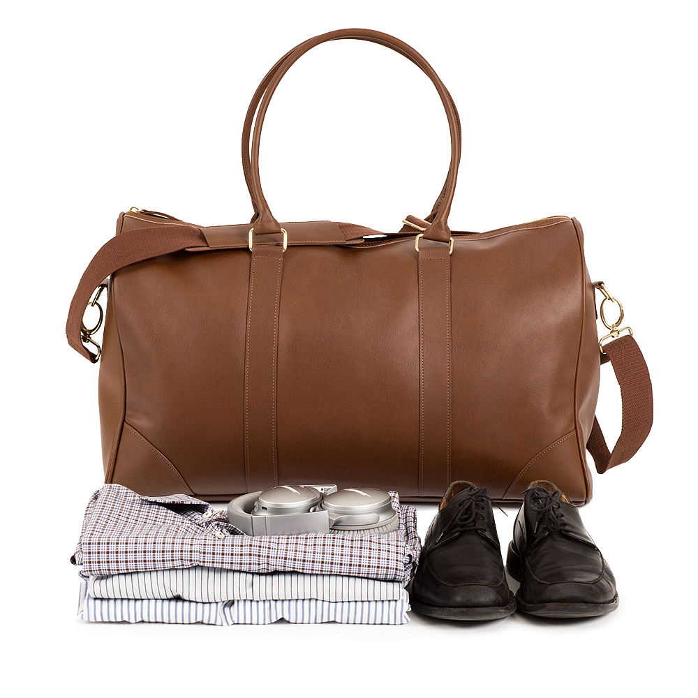 Monogrammed Weekender with striped pouch and removable strap