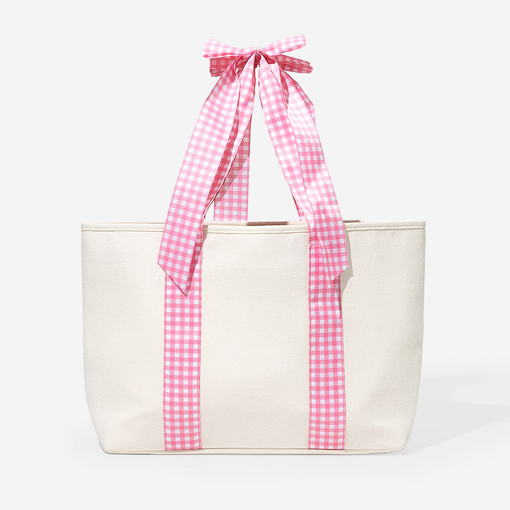 Pink gingham tote bag detail shot