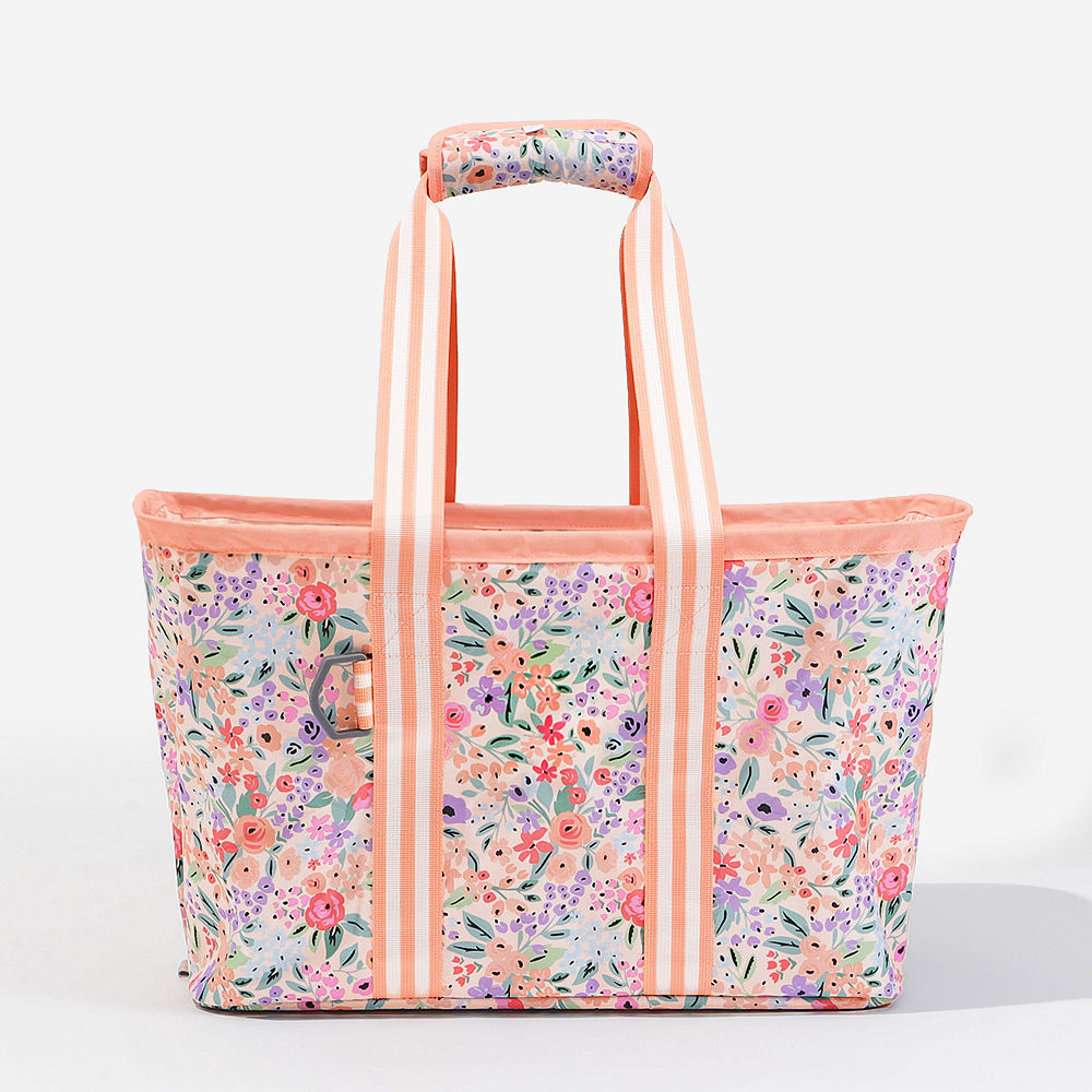 Monogrammed Market Basket in Coral Floral Inside Zipper Pocket