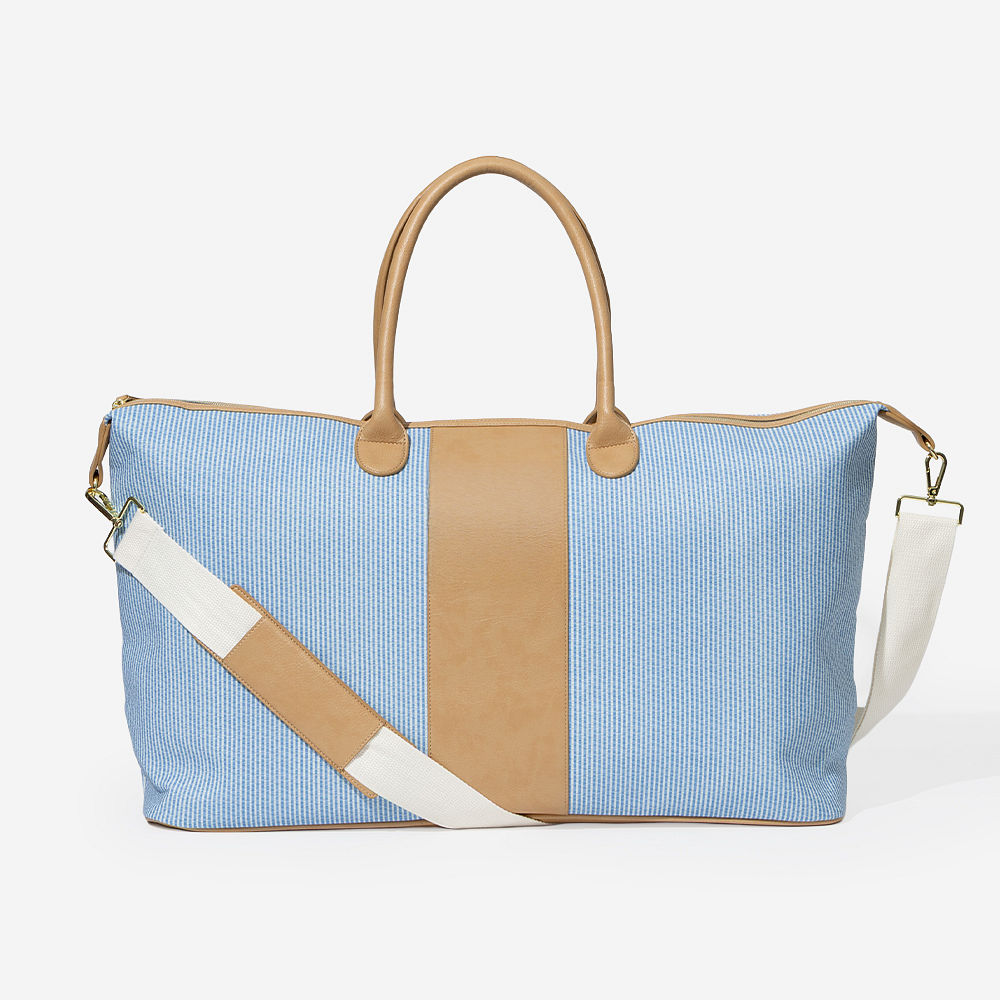 Navy seersucker weekender detail shot
