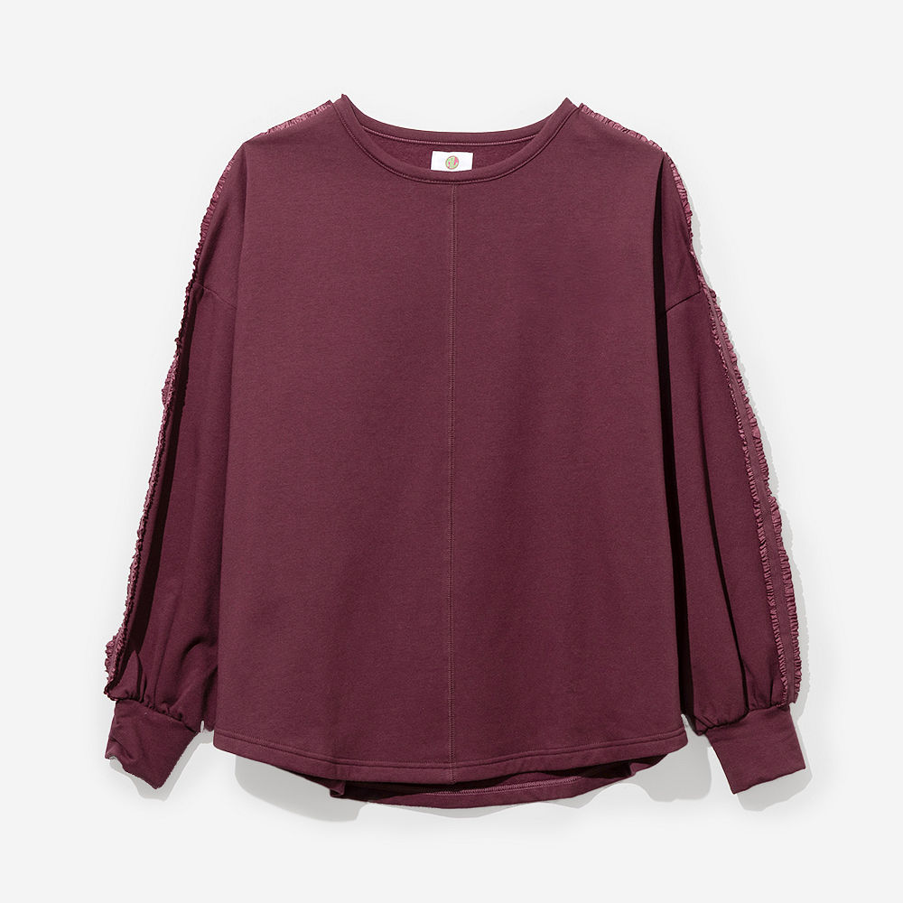 burgundy accent sleeve sweatshirt on rachel