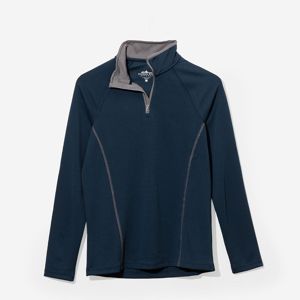 navy athletic pullover worn by girl in sweats