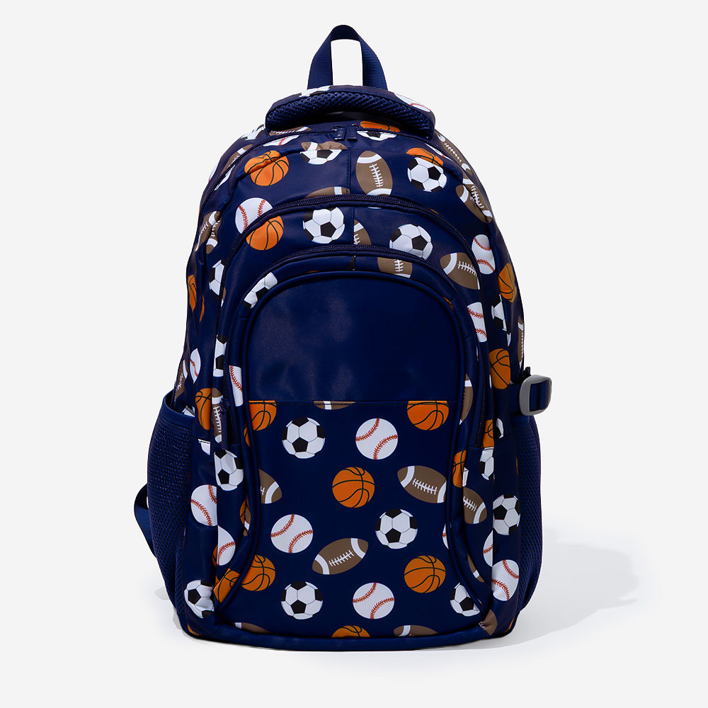 Sports balls and navy backpacks on two boys