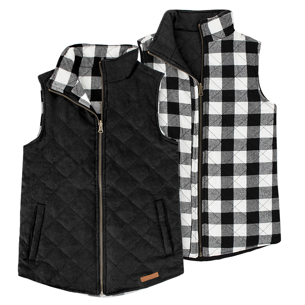 monogrammed reversible vest in black and buffalo plaid