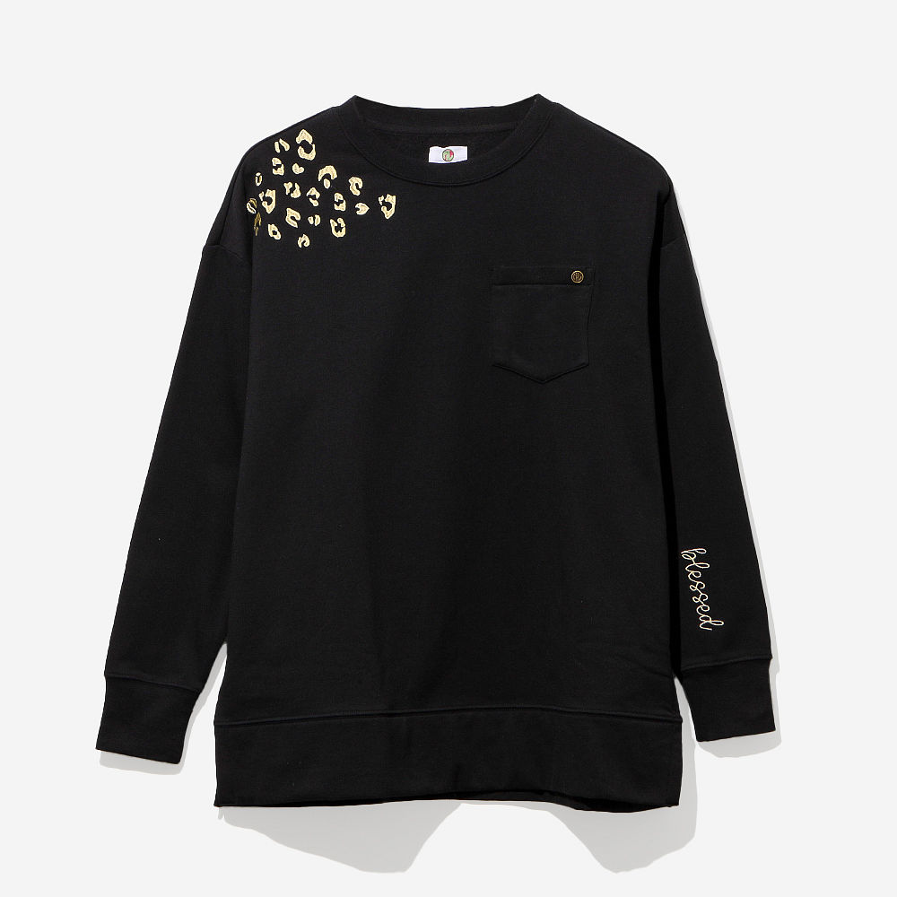monogrammed black blessed sweatshirt with jeans cropped