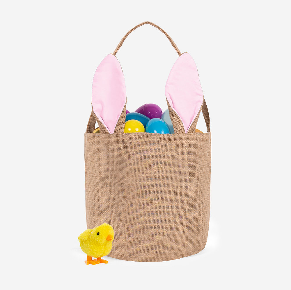 pink seersucker easter basket with easter eggs