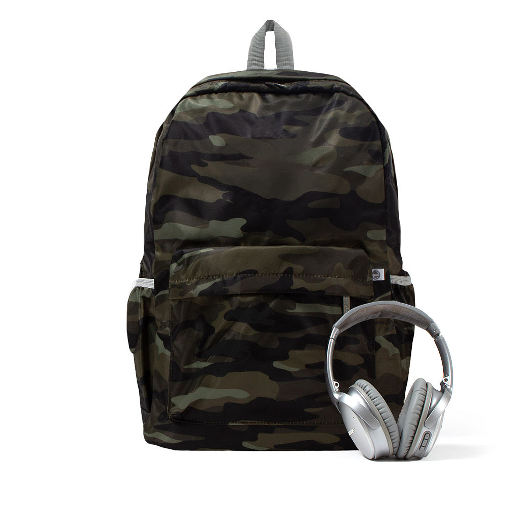 basic backpack duo in camo and navy seersucker