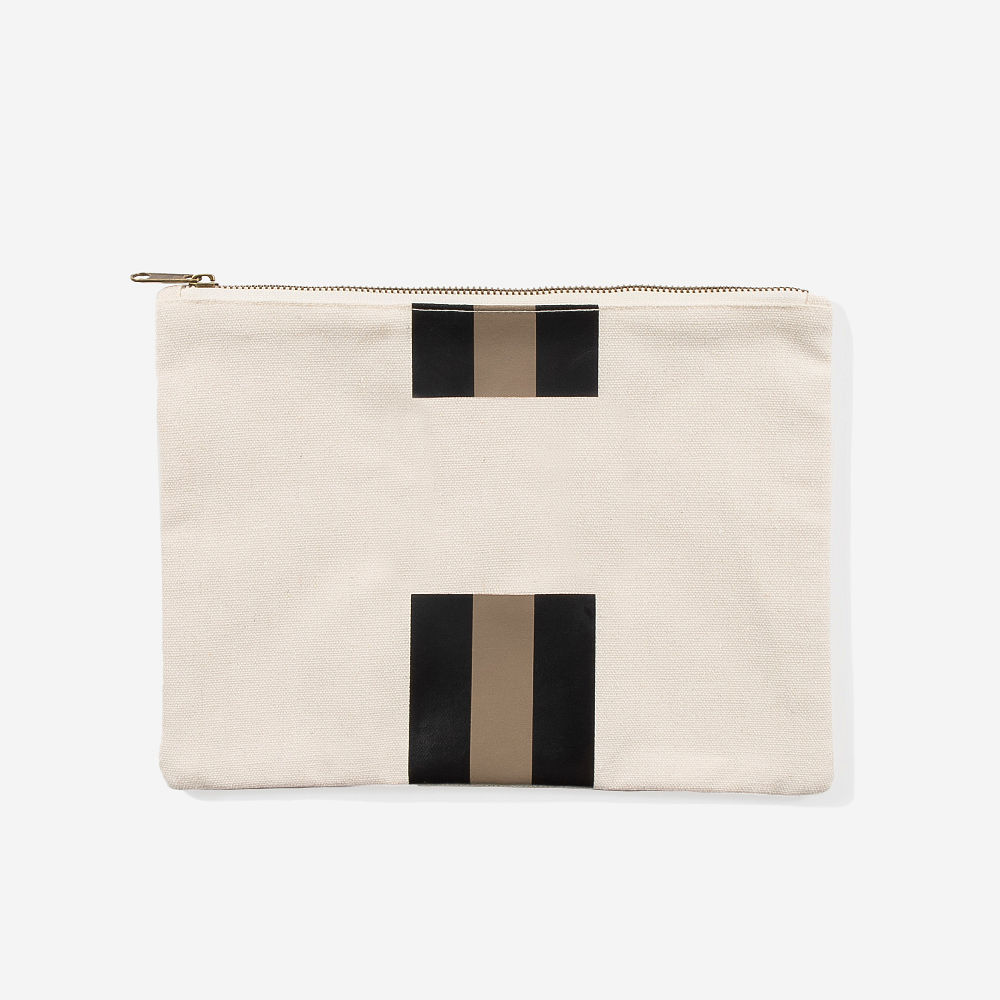 black tan stripe canvas pouch with makeup