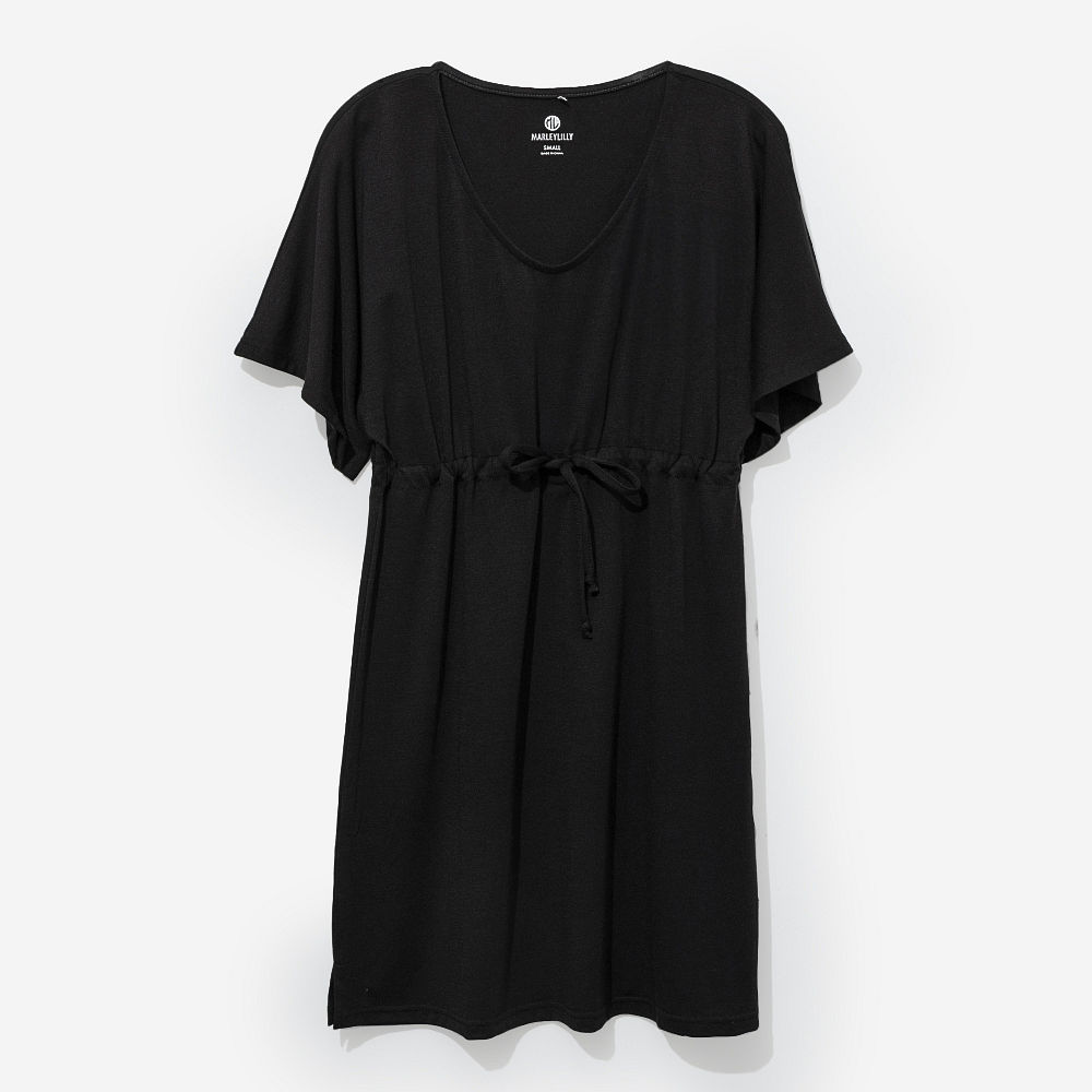 close up of monogrammed cinch waist cover up in black