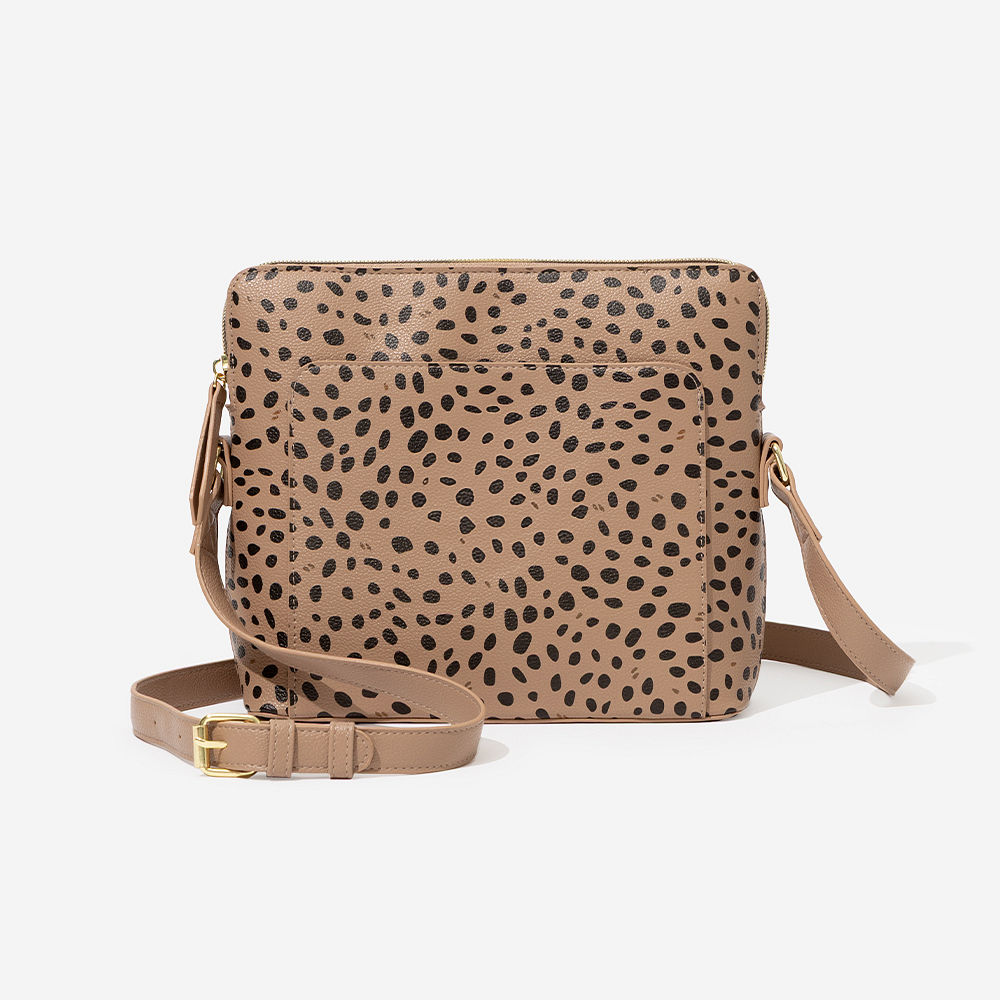 personalized classic crossbody in leopard over shoulder