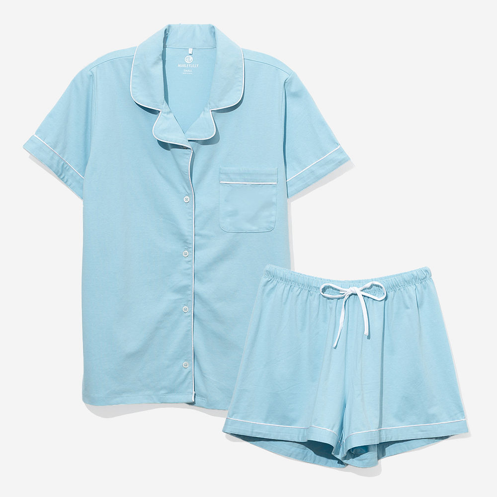light blue classic sleep set flatlay