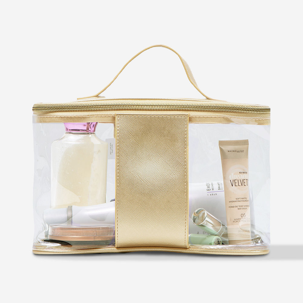 inside gold clear train case bag