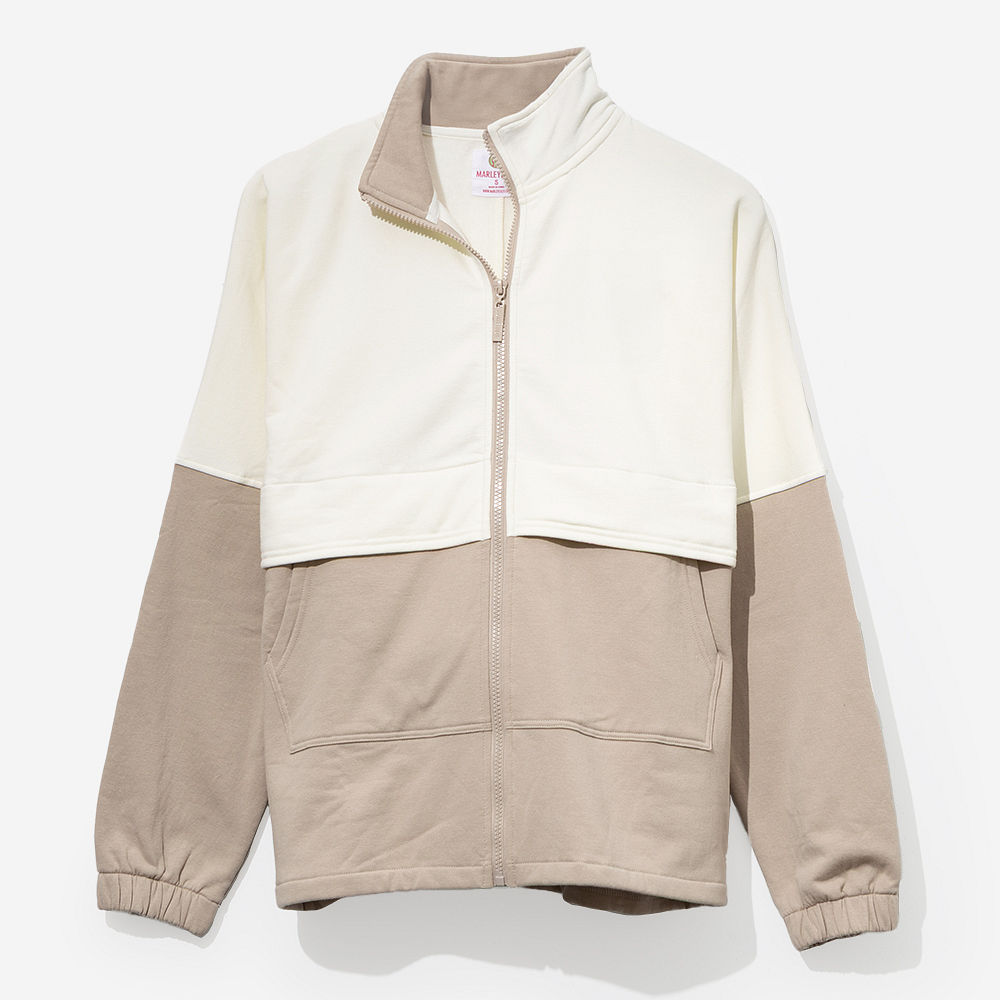 girl wearing personalized colorblock jacket with jeans