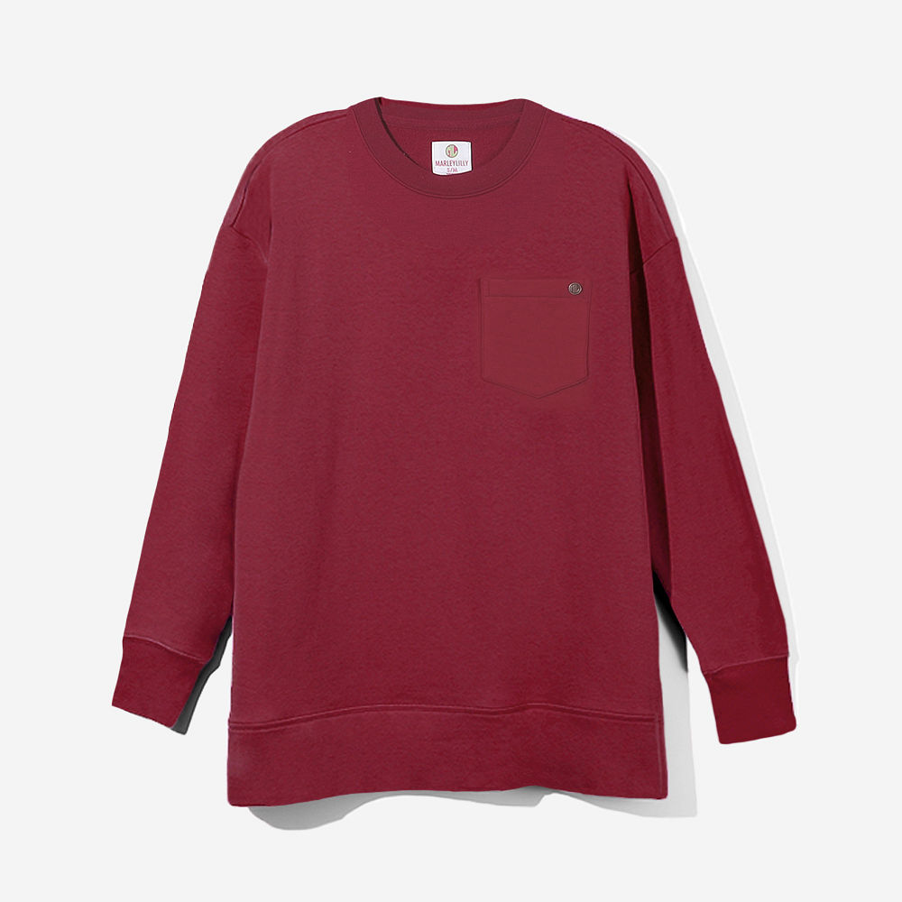 white crewneck sweatshirt on girl sitting on cabin porch new