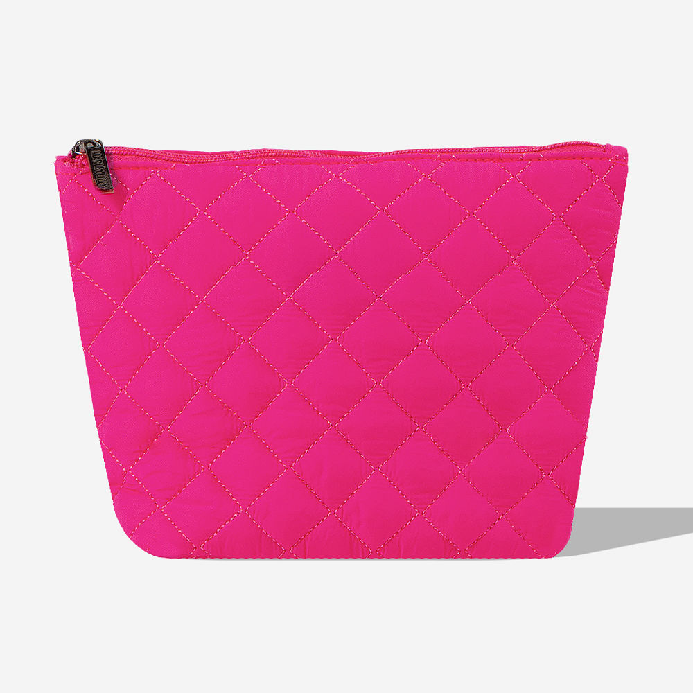 black diamond quilted case with small pink letters