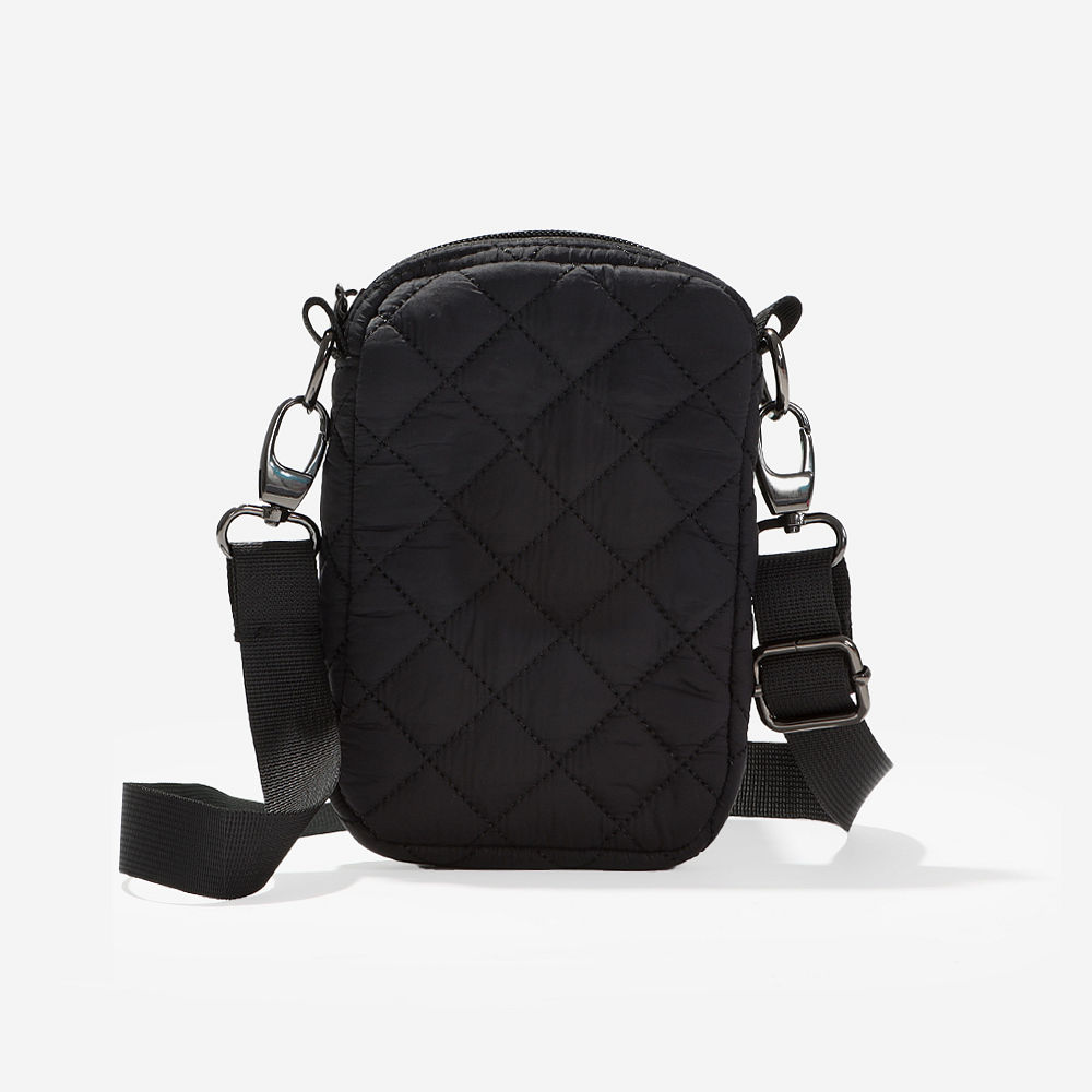 black quilted phone crossbody with orange and white strap