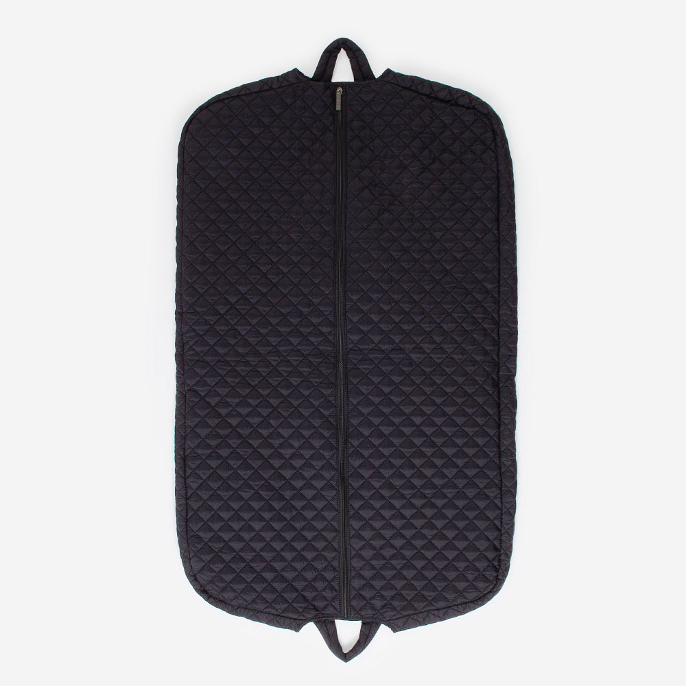 black diamond quilted garment bag up close with name monogram