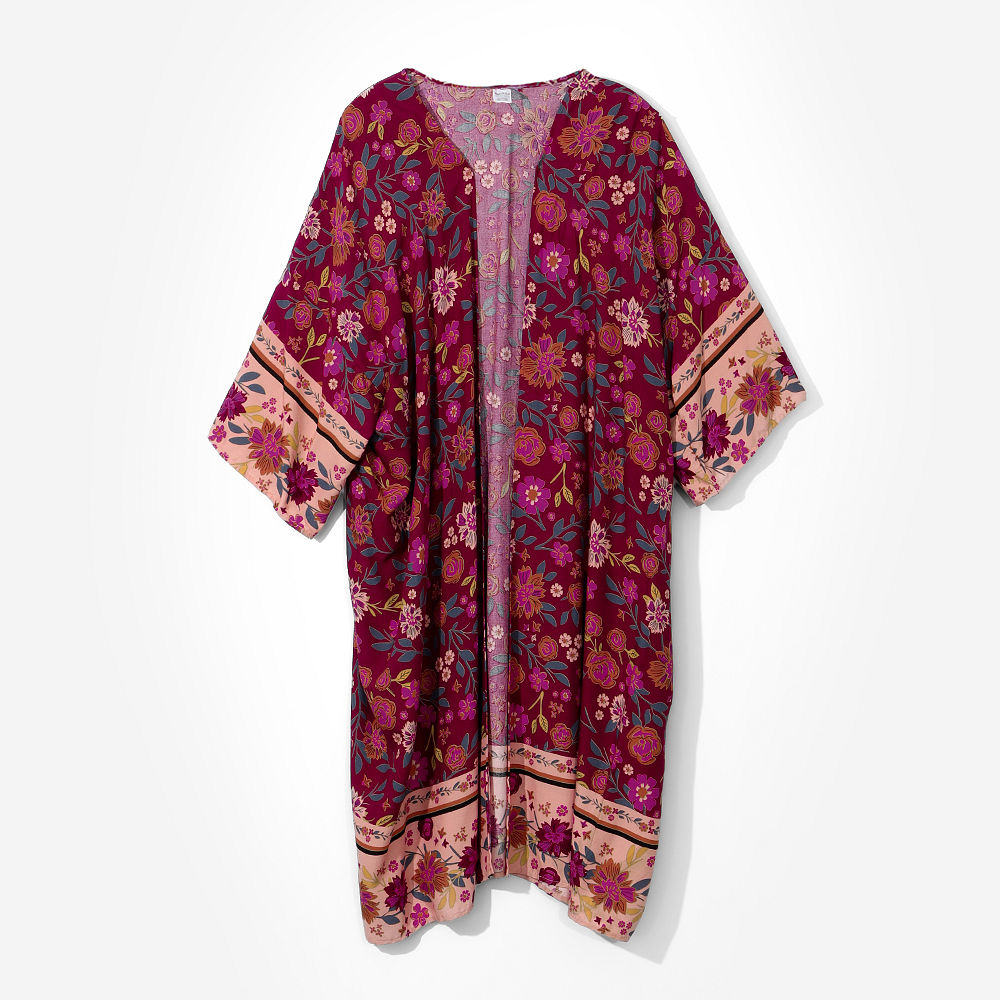 side of burgundy floral duster at pool