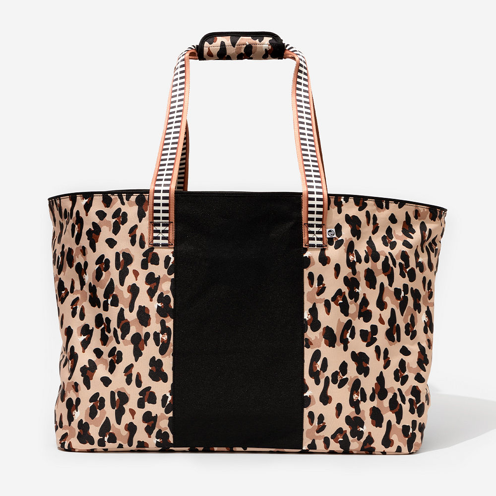 personalized cooler and extra large tote bag in watercolor cheetah in trunk