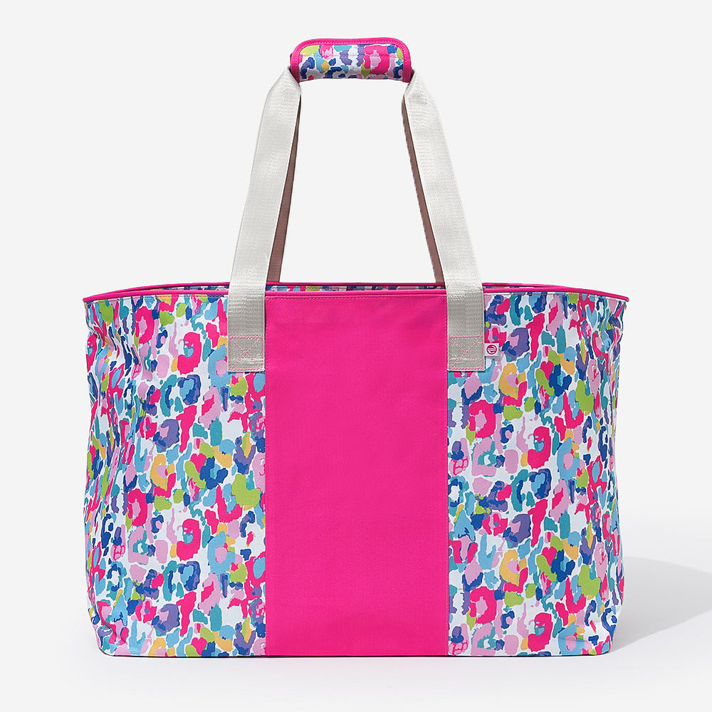 personalized cooler and extra large tote bag in watercolor cheetah in trunk