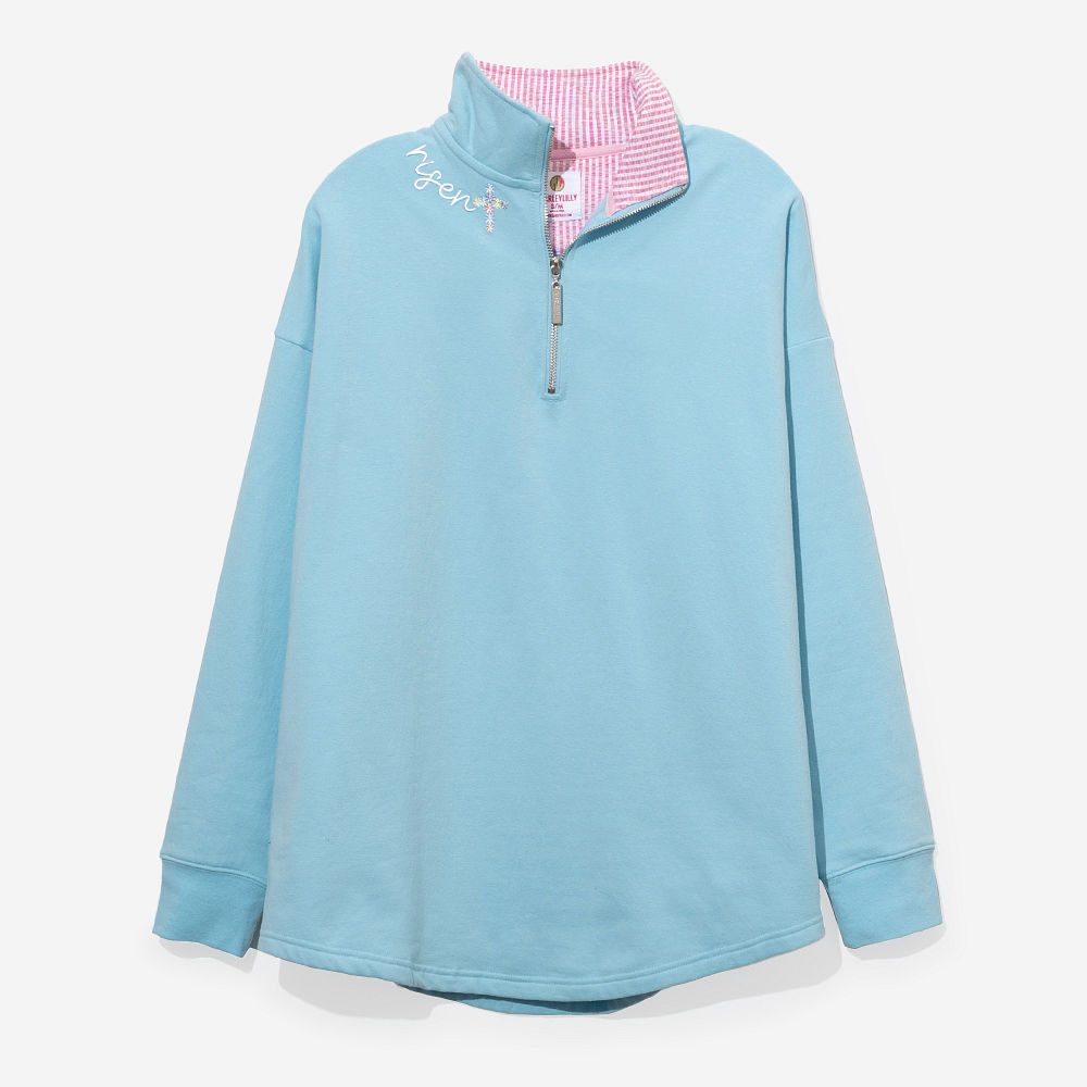 girl wearing personalized faith pullover in blue and pink seersucker