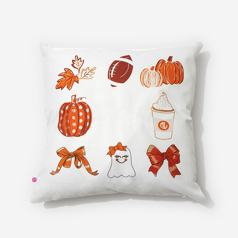 harvest pumpkin fall pillow sham on pink background
