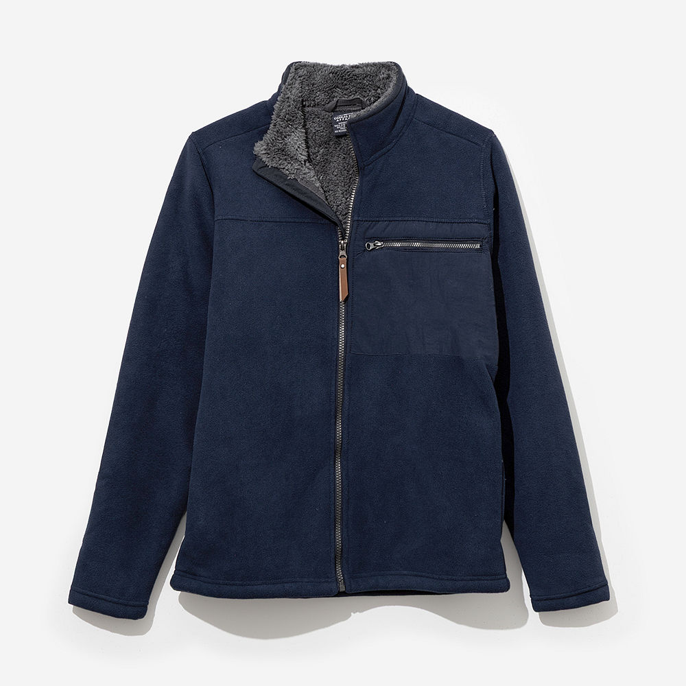 girl wearing personalized navy blue field fleece jacket