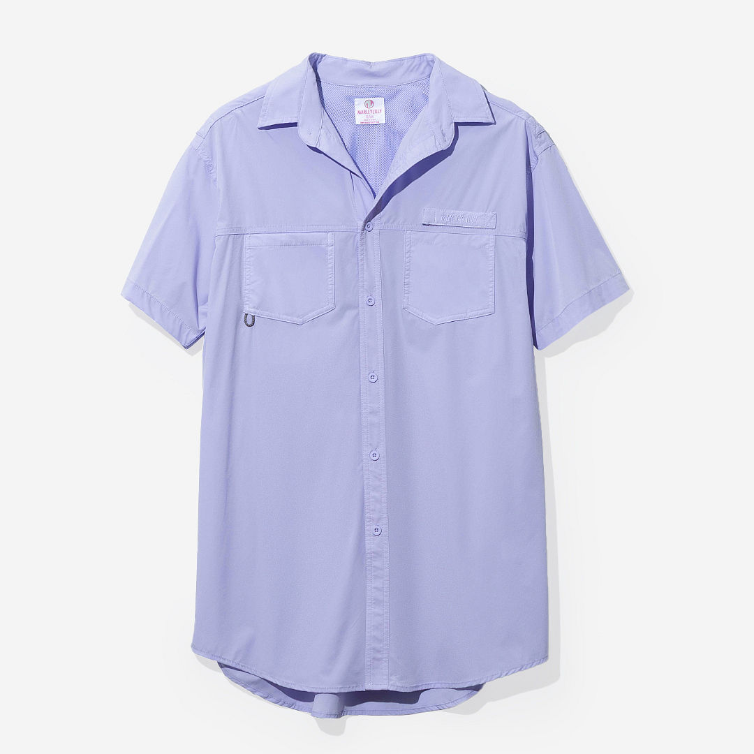 side of monogrammed lavender fishing shirt