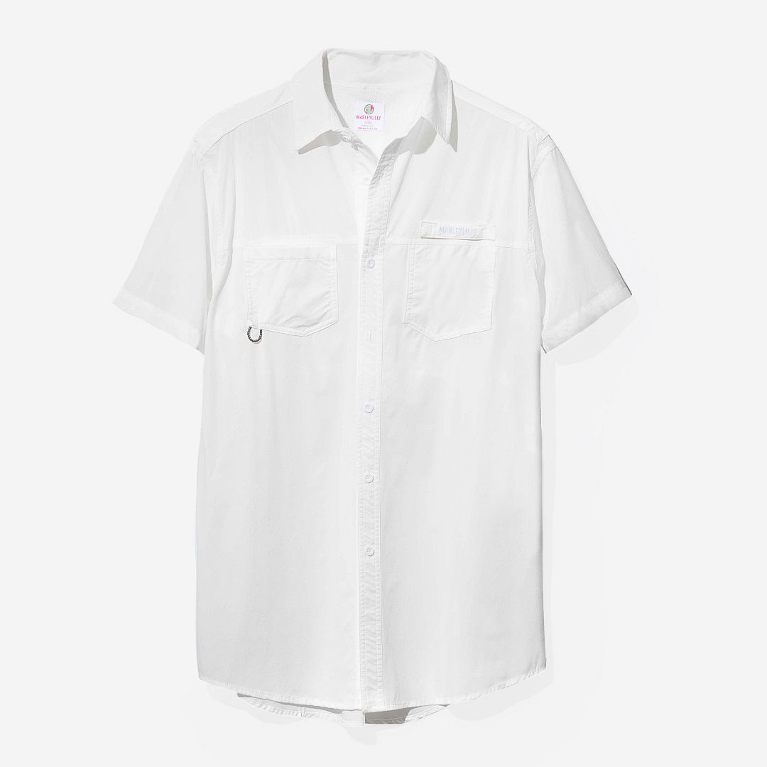 side of monogrammed lavender fishing shirt