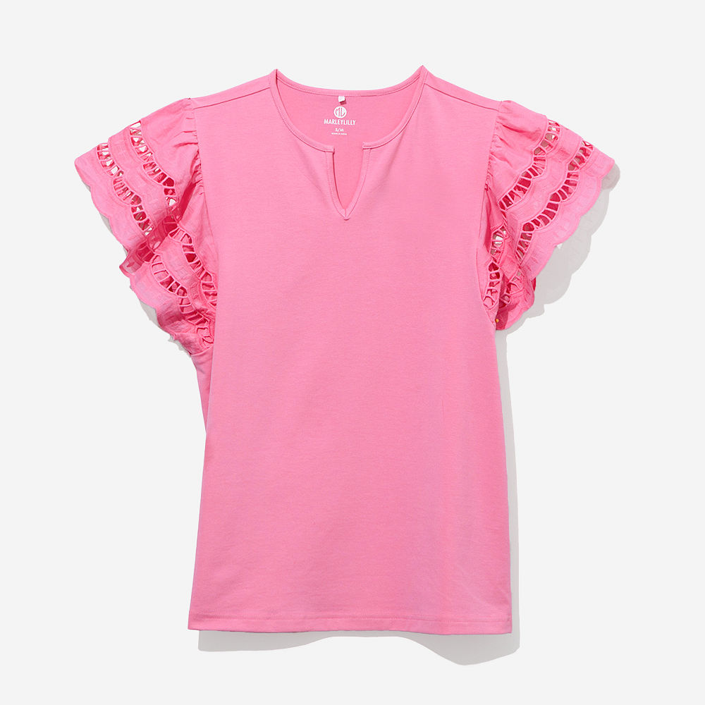 monogrammed flutter sleeve top in soft yellow how pink and black
