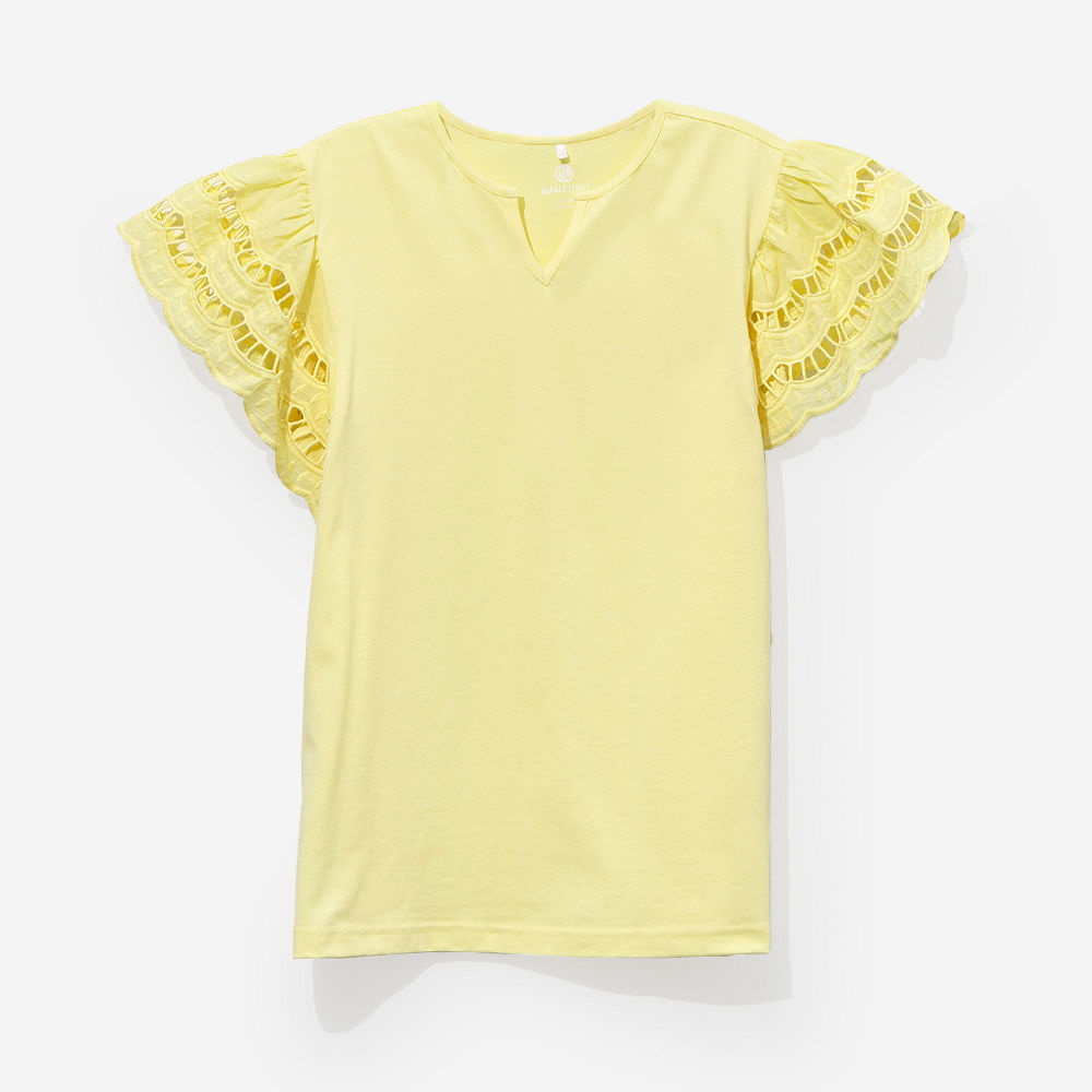 monogrammed flutter sleeve top in soft yellow how pink and black
