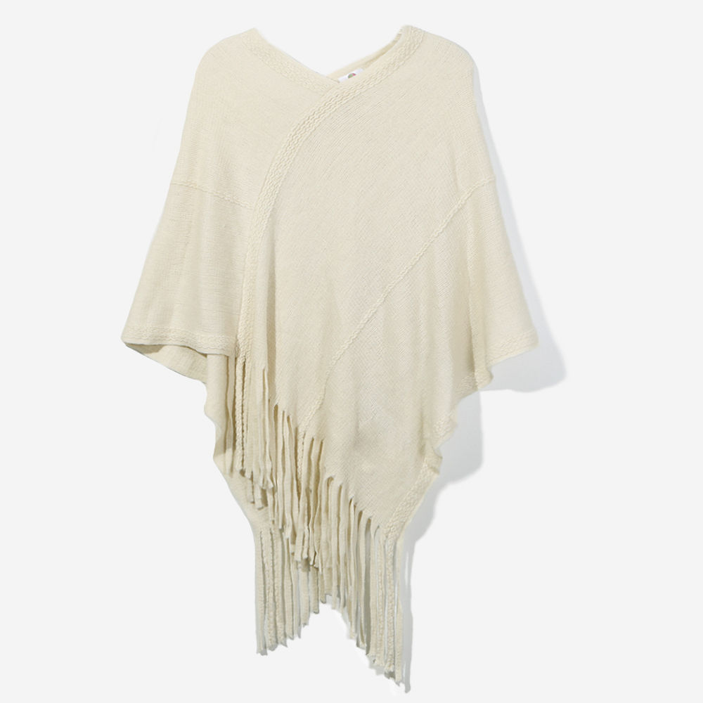 Brunette in Ivory Fringe Poncho