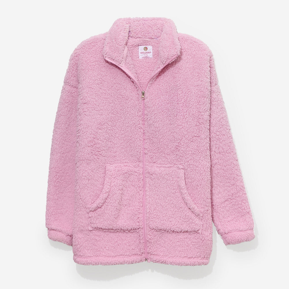 side of light pink full zip sherpa jacket