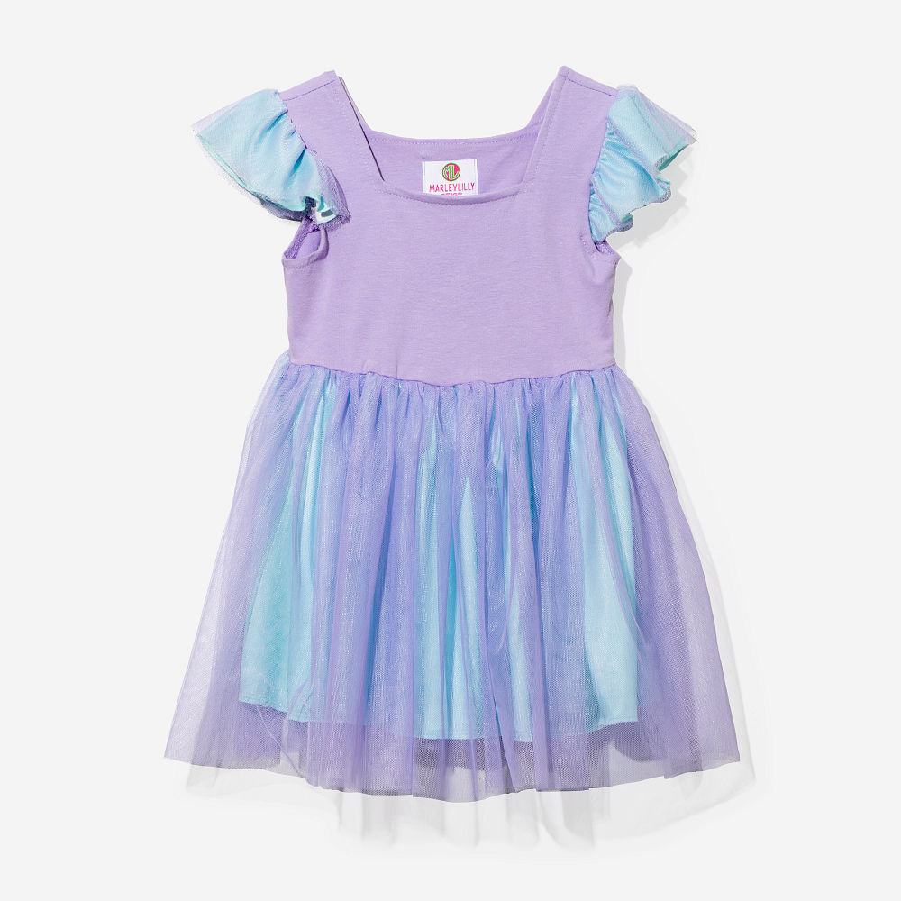 girl sitting in personalized blue and purple twirl dress