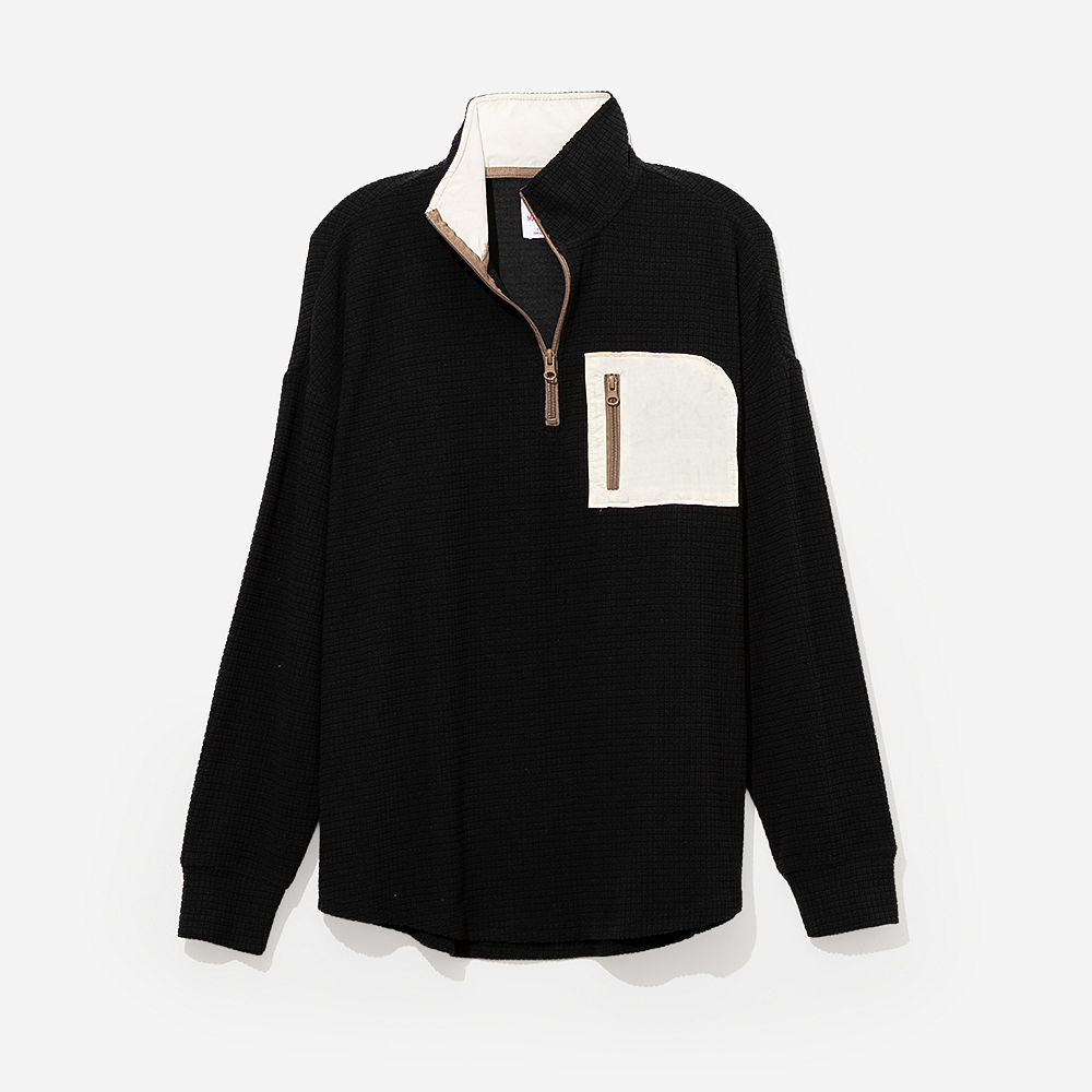 ivory back of Grid Fleece Quarter Zip Pullover on girl fullshot